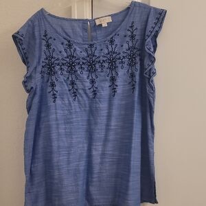LOFT Blue Graphic Blouse with Embroidered Neckline